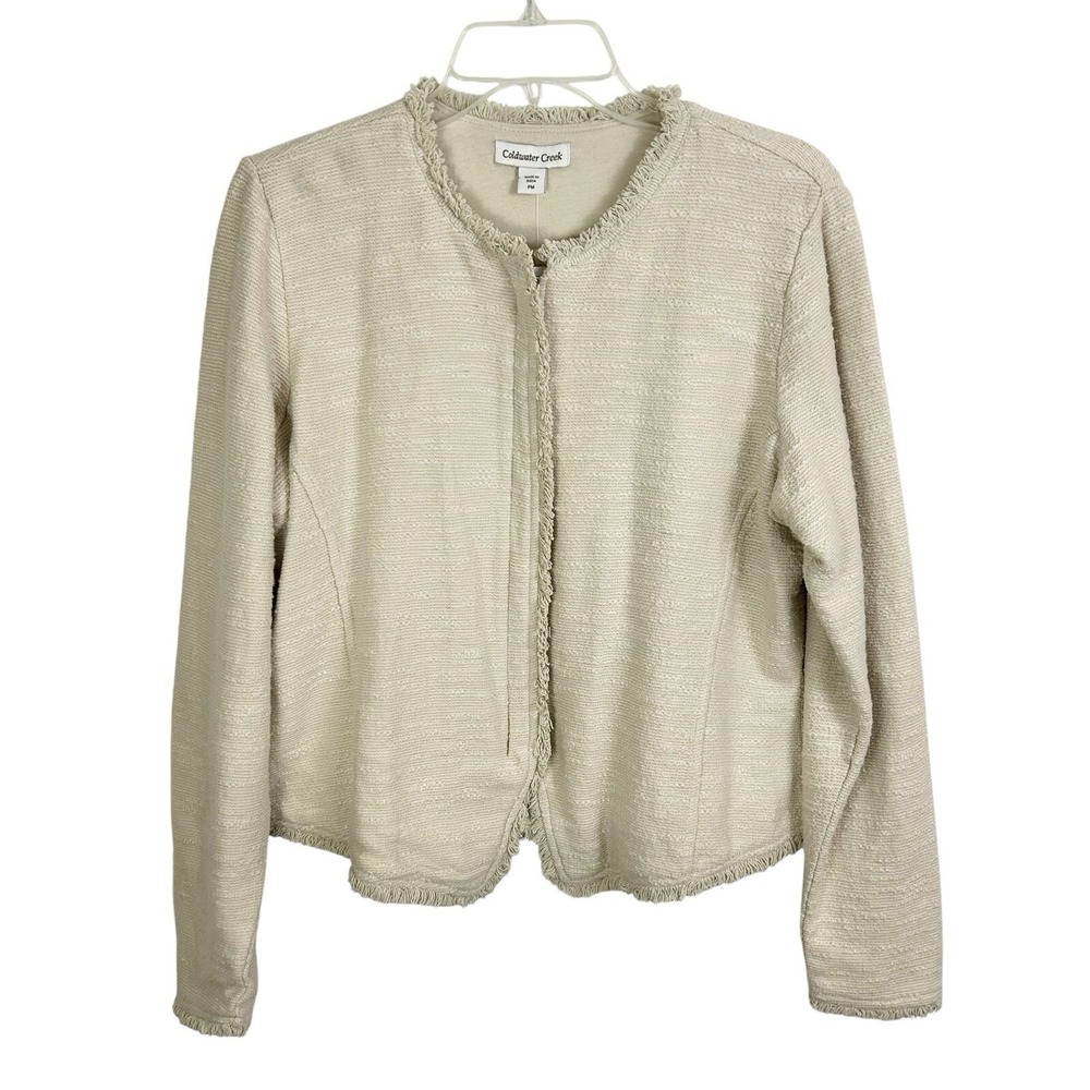 COLDWATER CREEK New Fringe JACKET Petite M Beige Cream Zip Statement Old Money